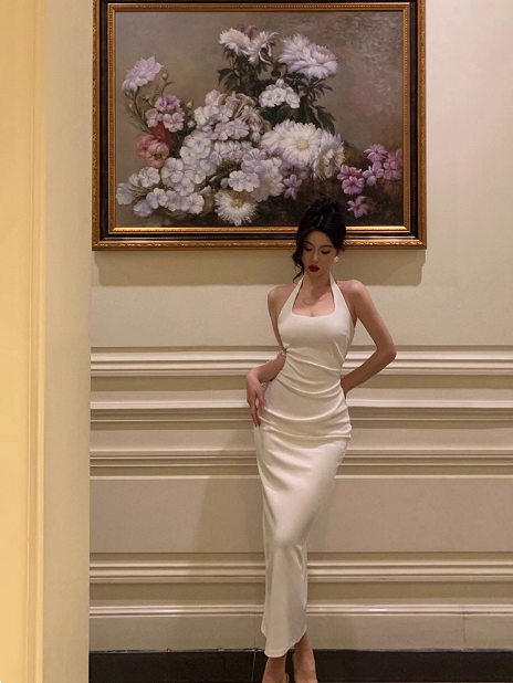 Elegante vestido blanco de fiesta para 21 cumpleaños, con cuello halter, ideal para mujeres (DP1419)