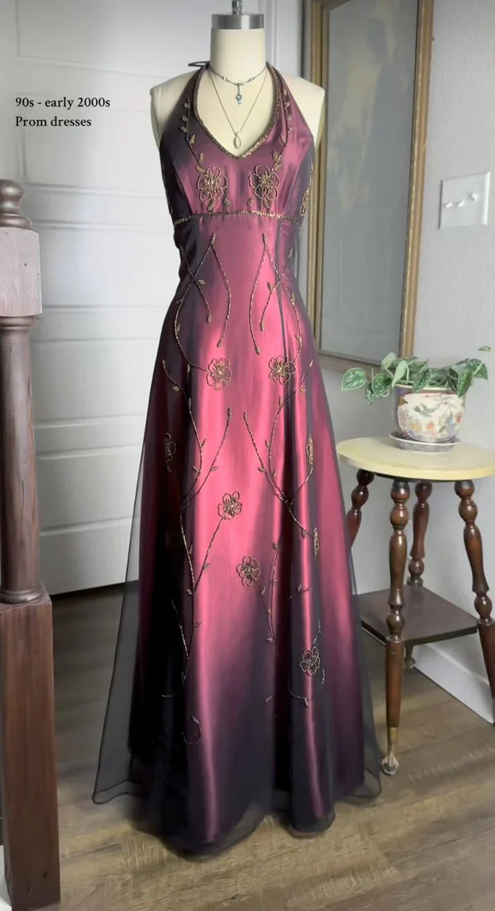 Vintag Burgundy Satin Halter-neck A-Line Prom Dress Party Dress Evening Dress TP4550
