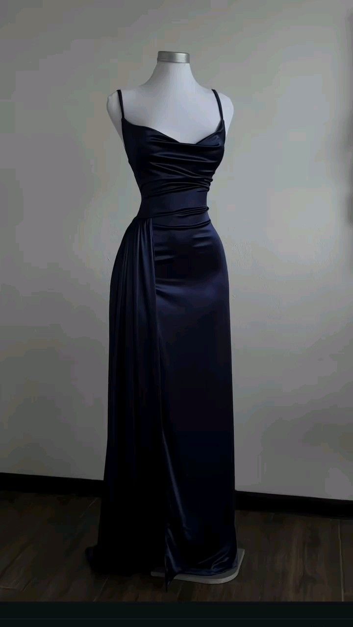 Vestido largo de satén azul marino para fiesta de graduación, vestidos de noche para bodas