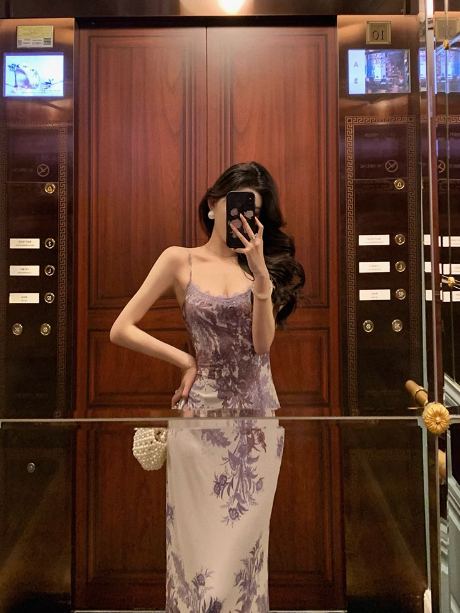 Elegante vestido de fiesta de cumpleaños número 21, corte A, tirantes finos, estampado floral lila, sin mangas, ideal para mujeres (DP541)