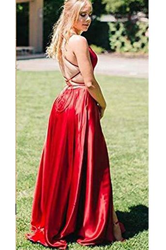 Vestido formal rojo sencillo con tirantes finos y bolsillos, vestido de fiesta largo y sexy.