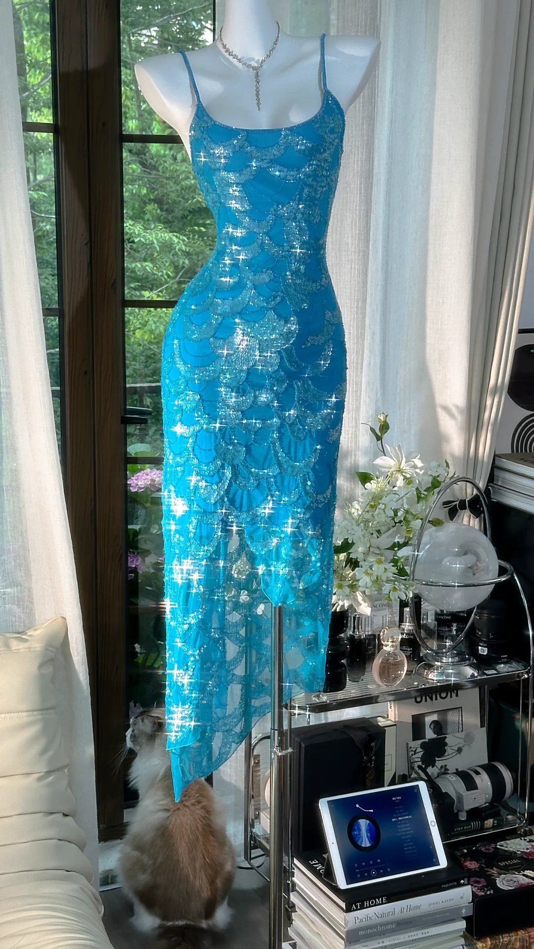 Vestido de noche romántico con tirantes finos, estilo sirena azul vintage, largo de gasa brillante, TP3962