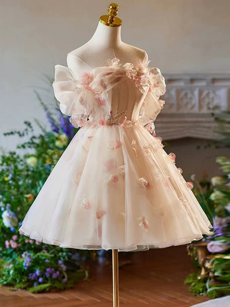 Vintage Pink 3D Flower Design A-line Off-the-shoulder Homecoming Dress TP3410
