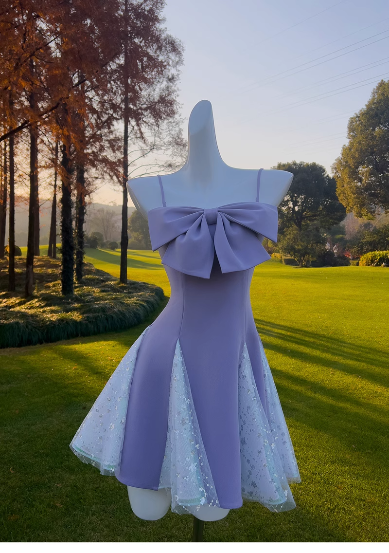 New Fashion Purple Bow Sequin Design A-line Spaghetti Strap Party Dresses Homecoming Dresses, TP3810