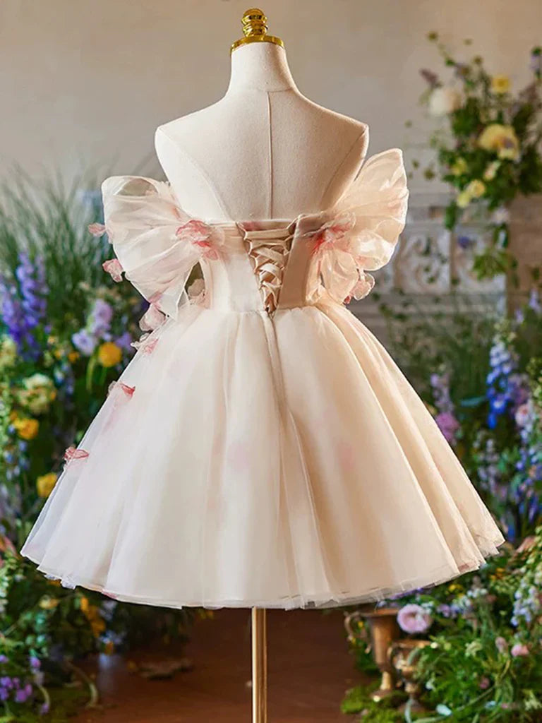 Vintage Pink 3D Flower Design A-line Off-the-shoulder Homecoming Dress TP3410