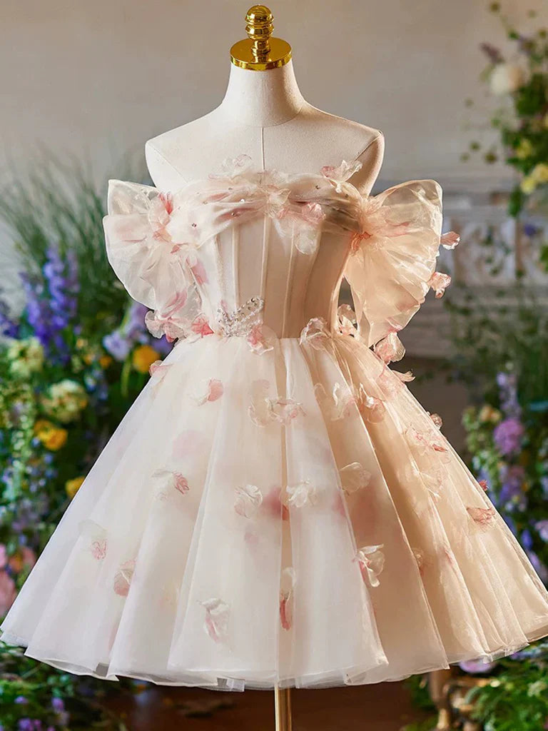 Vintage Pink 3D Flower Design A-line Off-the-shoulder Homecoming Dress TP3410