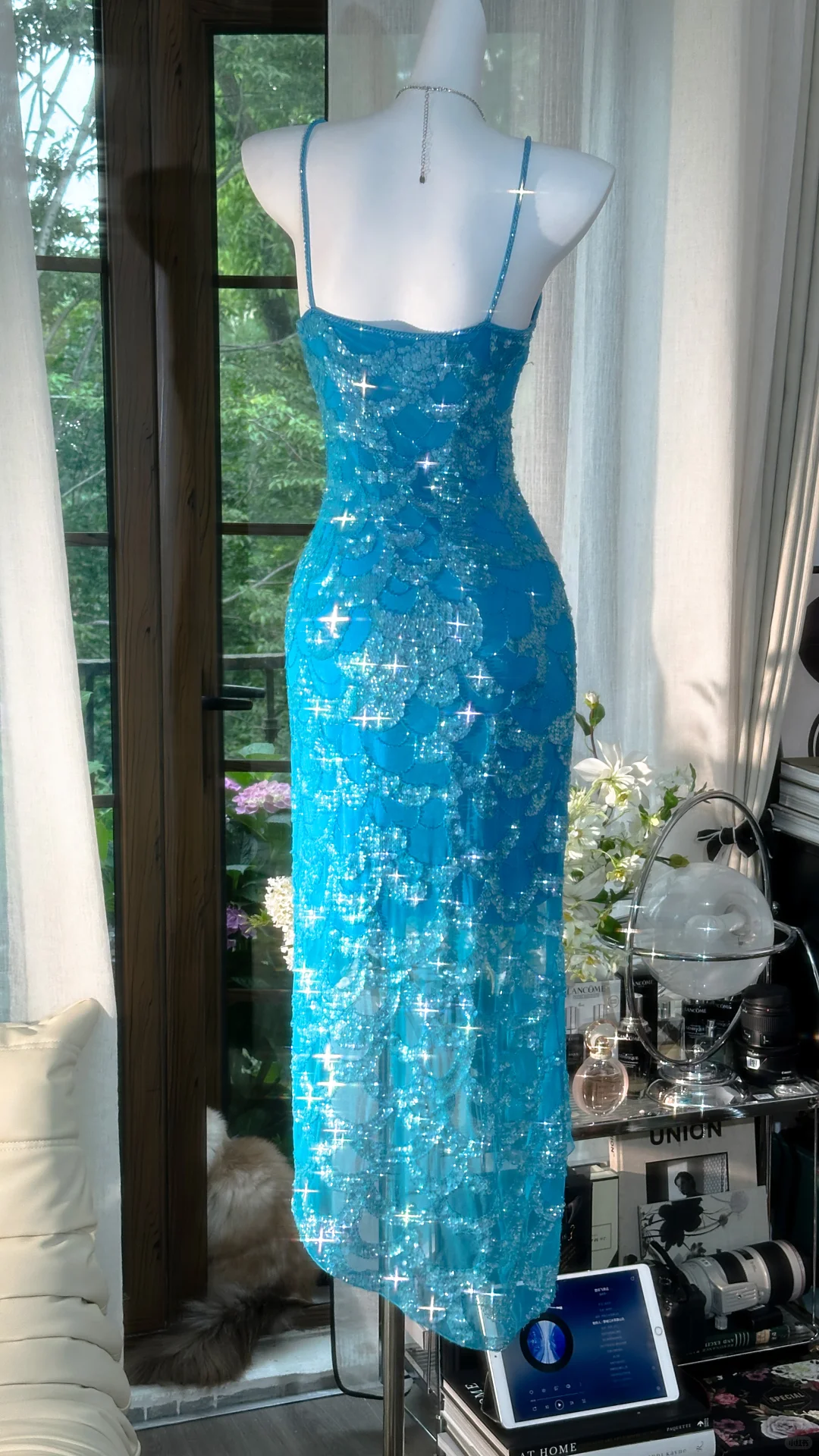 Vestido de noche romántico con tirantes finos, estilo sirena azul vintage, largo de gasa brillante, TP3962