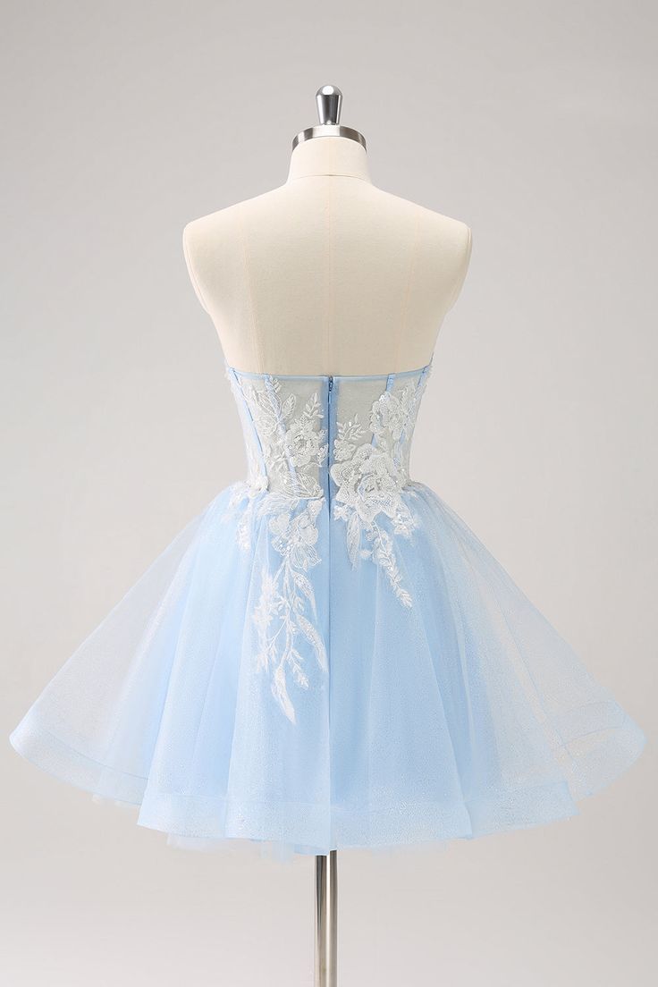 New Fashion Light Blue Flower Embroidery Design A-line Spaghetti Strap Homecoming Dress TP3416