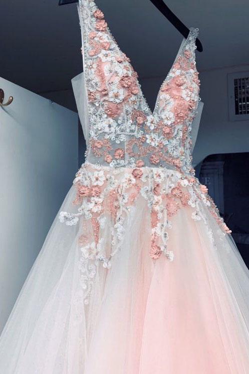 Vestido de fiesta de tul rosa claro con escote en V, sin mangas, con flores y cuentas