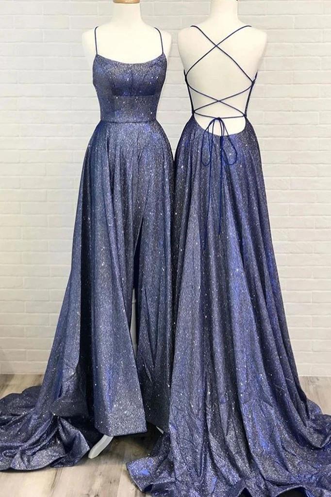 Vestidos de fiesta sencillos con tirantes finos brillantes y cola larga en forma de A.