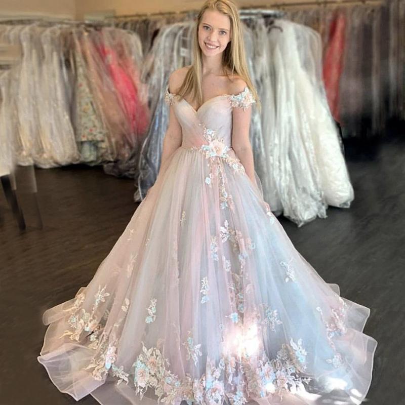 Elegante vestido de fiesta largo en línea A con hombros descubiertos, floral, rosa y azul
