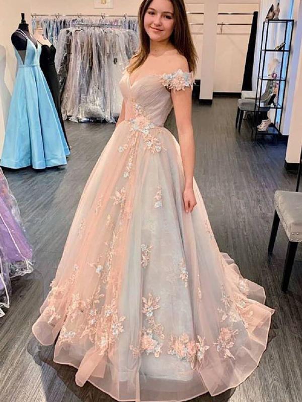 Elegante vestido de fiesta largo en línea A con hombros descubiertos, floral, rosa y azul