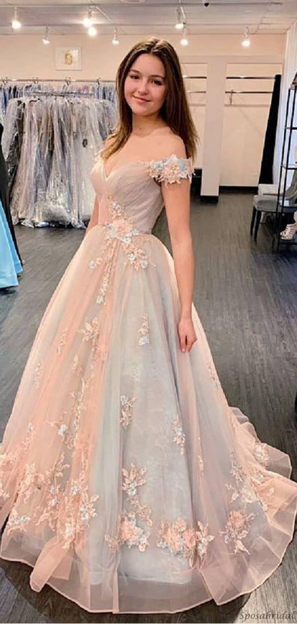 Elegante vestido de fiesta largo en línea A con hombros descubiertos, floral, rosa y azul