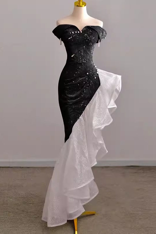 Shiny Off Shoulder Pink Mermaid Prom Dress With Ruffle, Sequin Formal Dress GP690