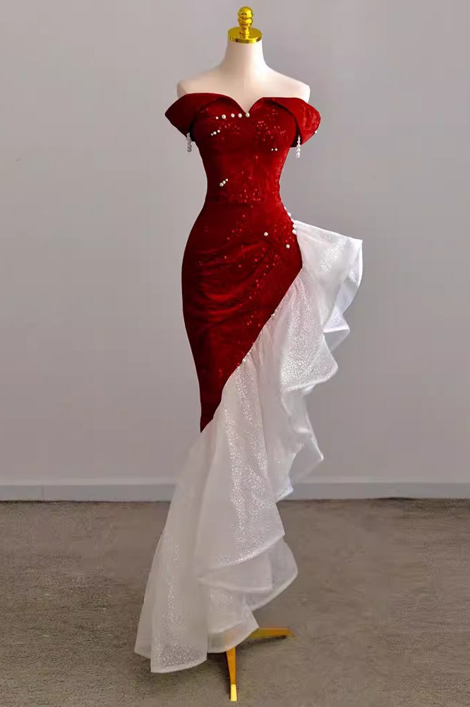 Shiny Off Shoulder Pink Mermaid Prom Dress With Ruffle, Sequin Formal Dress GP690