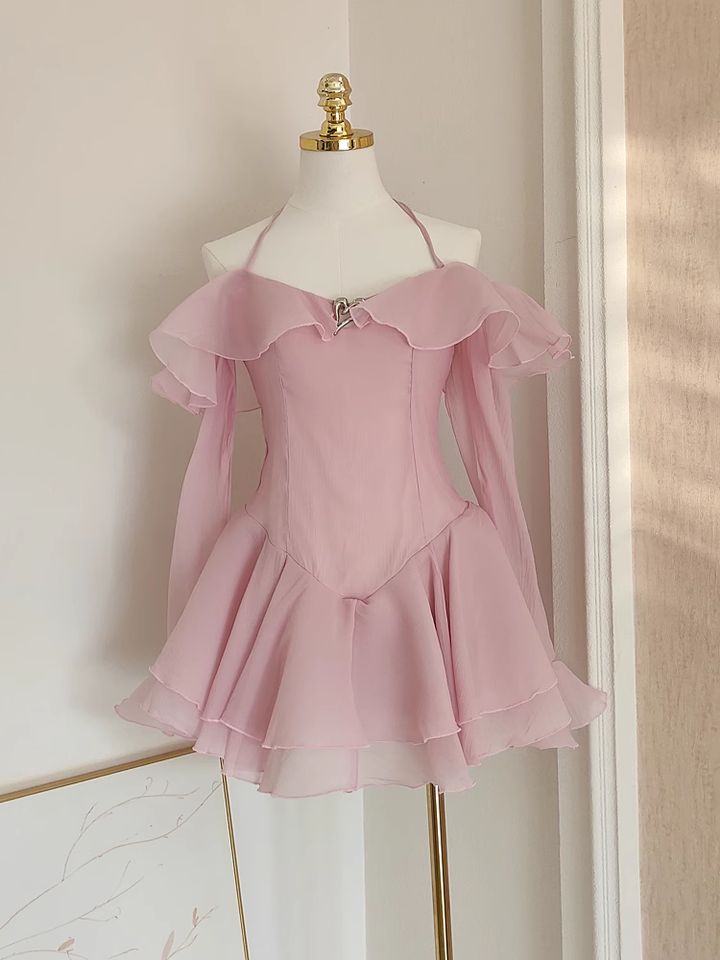 Pink Ruffle Short Chiffon Homecoming Dress Birthday Dress gh4625