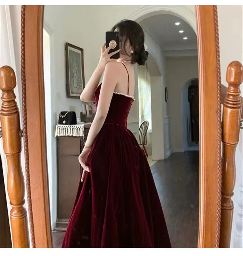 Vestido de fiesta de terciopelo burdeos con tirantes finos, sencillo, para boda, largo