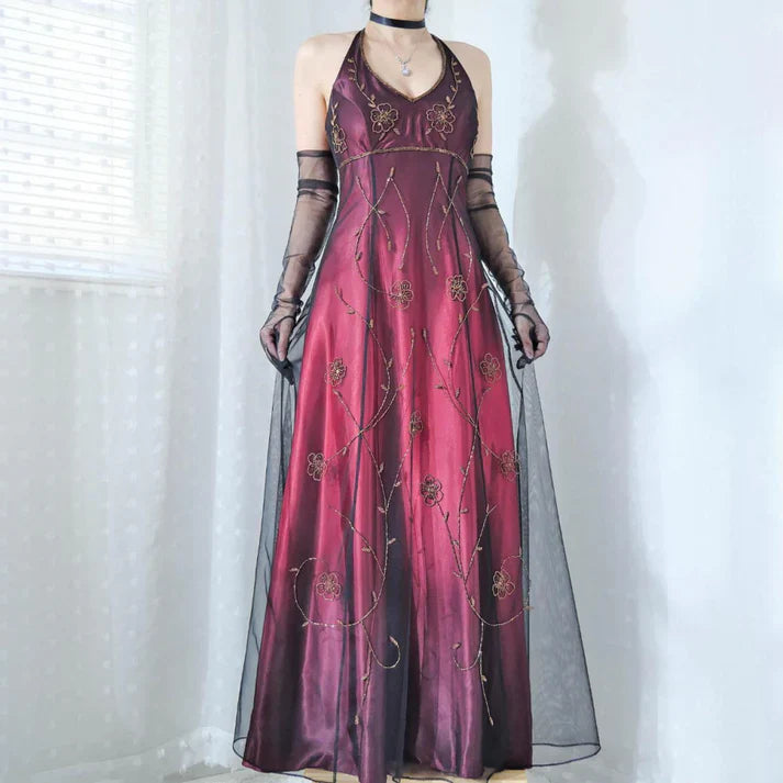 Vintag Burgundy Satin Halter-neck A-Line Prom Dress Party Dress Evening Dress TP4550