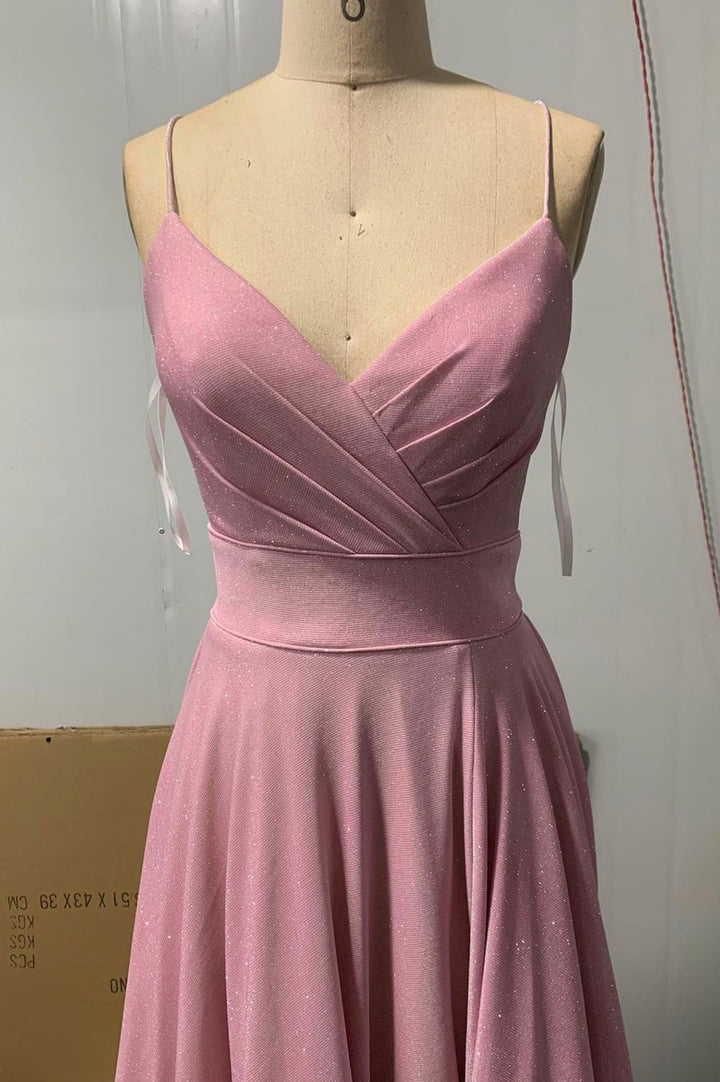 Pink V-neck long prom dress A-line evening dress fg25