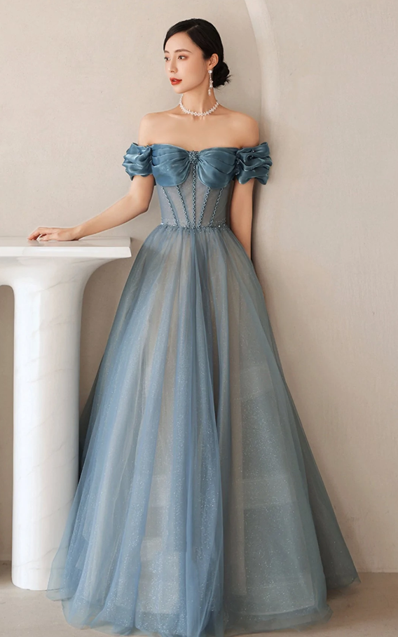 Blue tulle long A line prom dress off shoulder evening dress fg277