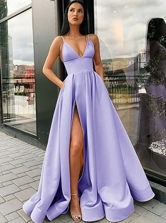 Elegant A Line Satin Pocket Lilac lavender Long Evening Party Prom Gown Girls Sweet 16 Dresses fg328