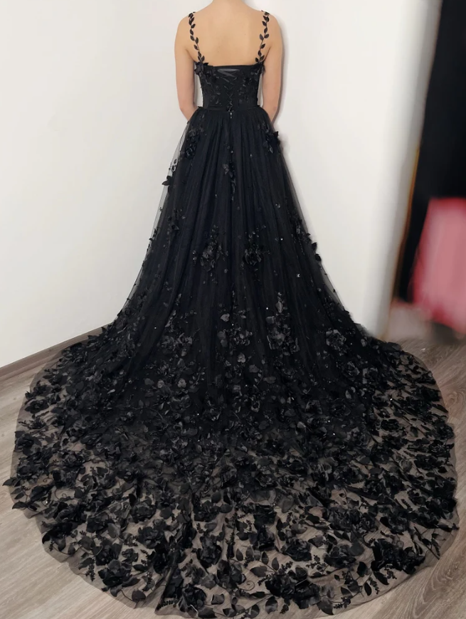 3D floral lace corset dress, alternative bride fantasy tulle train prom gown fg359