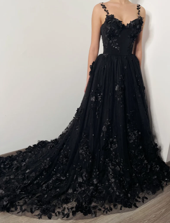 3D floral lace corset dress, alternative bride fantasy tulle train prom gown fg359