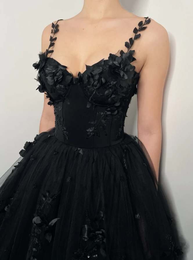 3D floral lace corset dress, alternative bride fantasy tulle train prom gown fg359