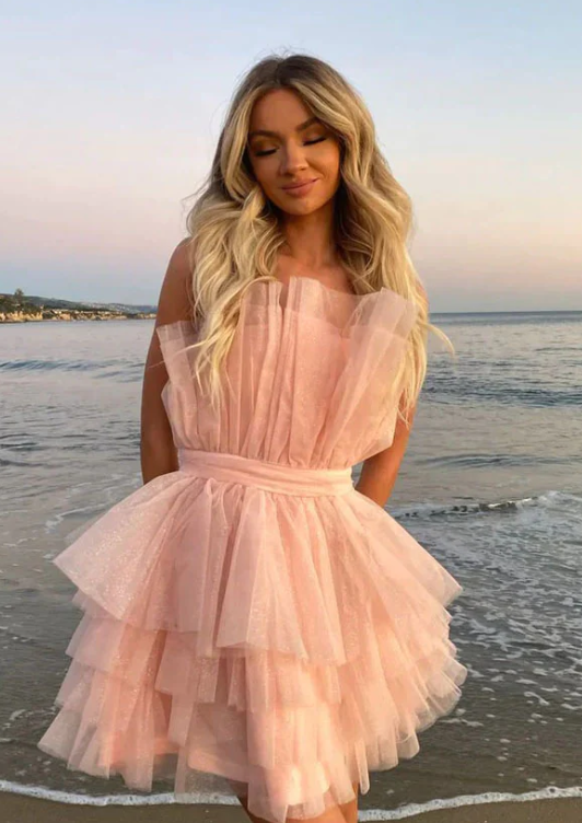 Sparkly Cute Strapless Pink Tulle Short Homecoming Dress fg379