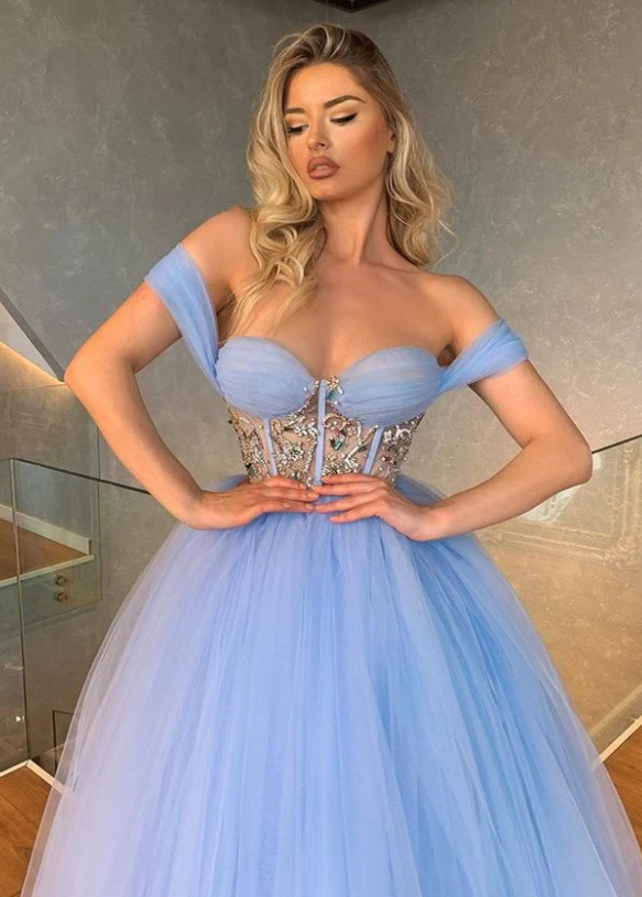 Fabulous Off-the-Shoulder Tulle Prom Dress Sweetheart With Crystal fg391