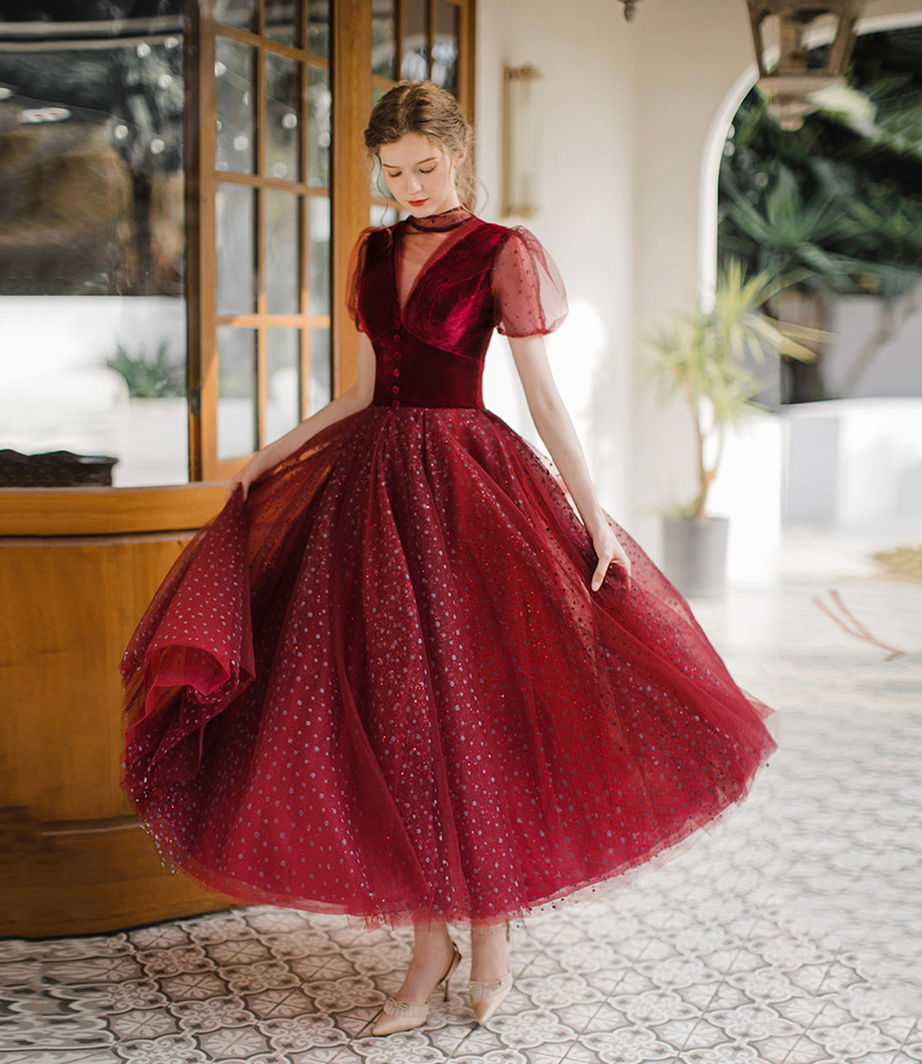 BURGUNDY TULLE SHORT PROM DRESS A LINE EVENING DRESS fg528