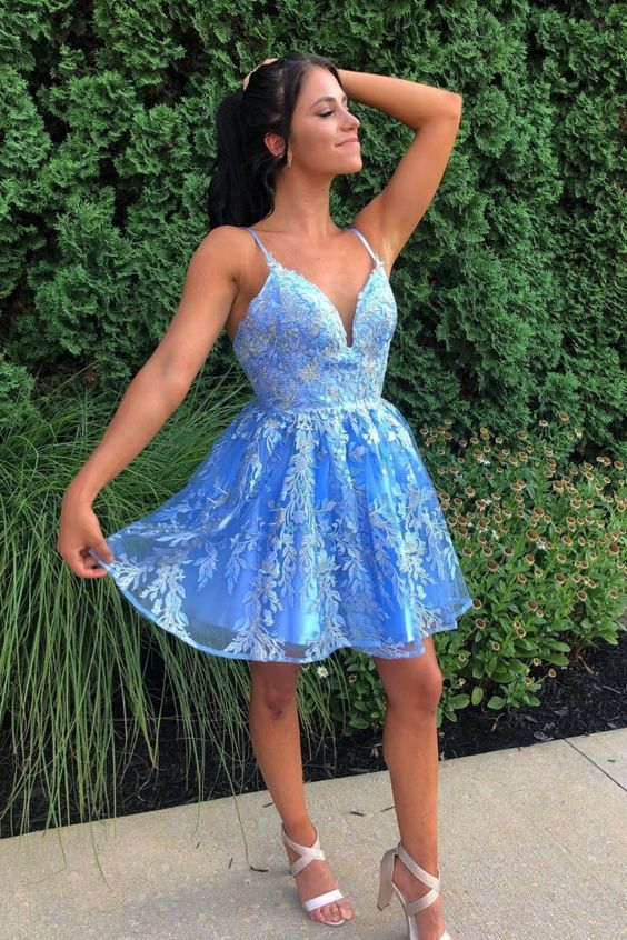 Lace-Up Sequined Sky Blue Homecoming Dress with Flowers fg555