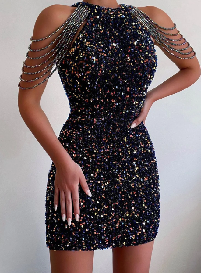 Sexy Glitter Sequins Bag Hip Dress Women Elegant Crystal Tassel Solid Mini Dress Summer Fashion Hanging Neck Club Party Dresses Homecoming Dress fg559