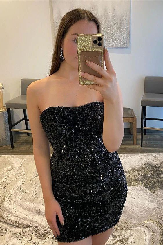 Black Beautiful Strapless Sequins Short Homecoming Dress fg582