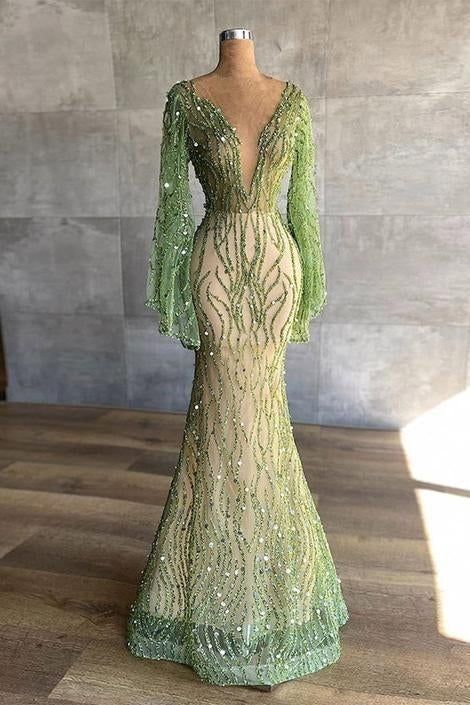 Sexy Deep V Neck Green Prom Dress 2022 Full Sleeve Crystals Sequined Mermaid Fashion Evening Gown fg599