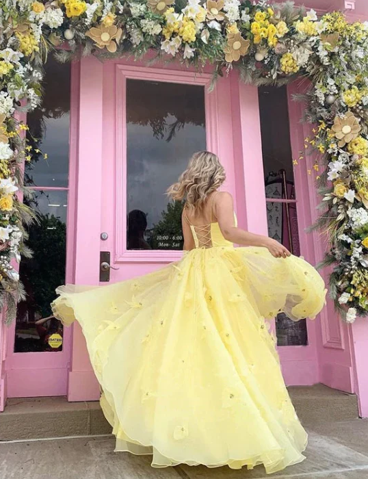 Straps Tulle Bodice 3D Flowers With Back Lace Up Yellow Long Prom Dress fg663