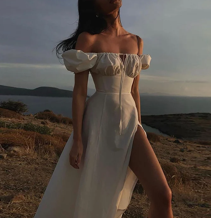 Off Shoulder Puff Sleevers Dress Long Prom Dresses fg701