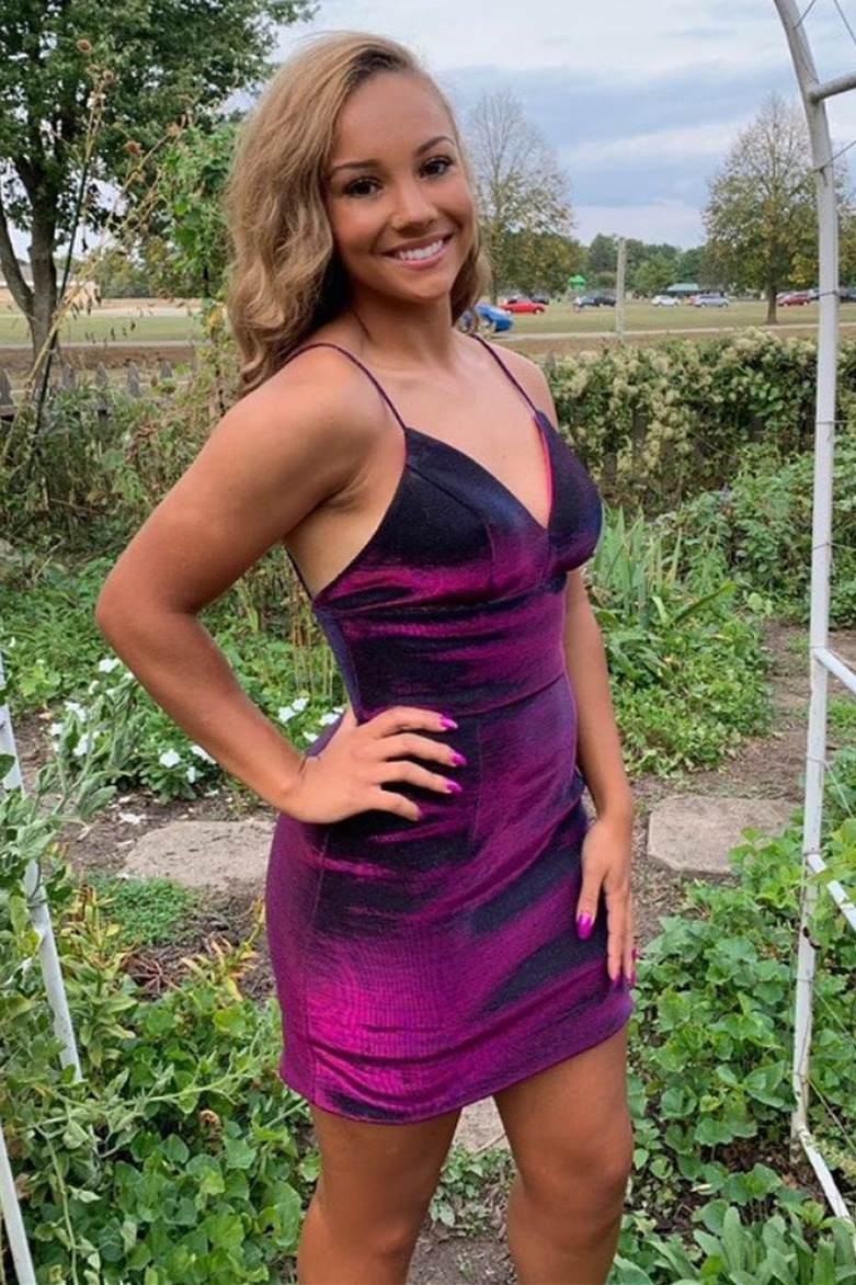 Spaghetti Straps Purple Bodycon Homecoming Dress fg749