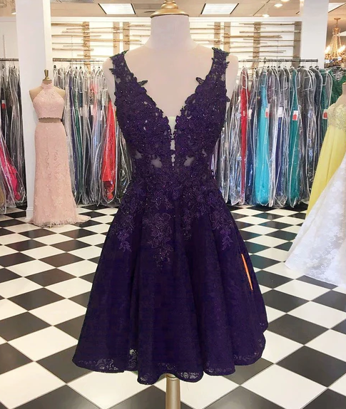 Elegant A-line Deep V-neck Lace Homecoming Dresses Short Cocktail Party Dress fg753