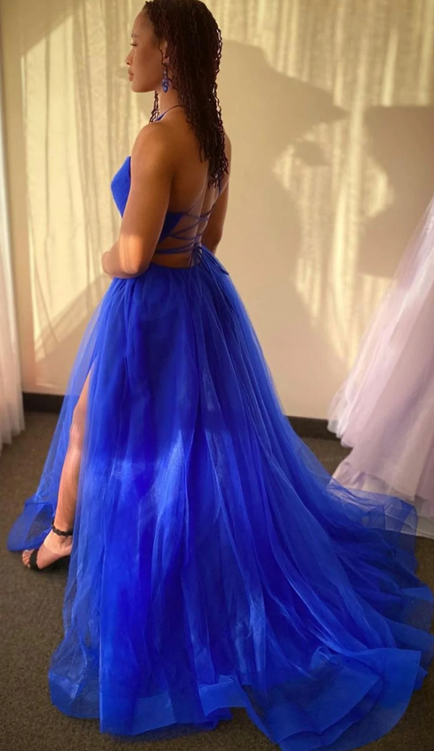 A Line V Neck Backless Blue Tulle long Prom Dress with High Slit, Backless Blue Formal Graduation Evening Dress fg760