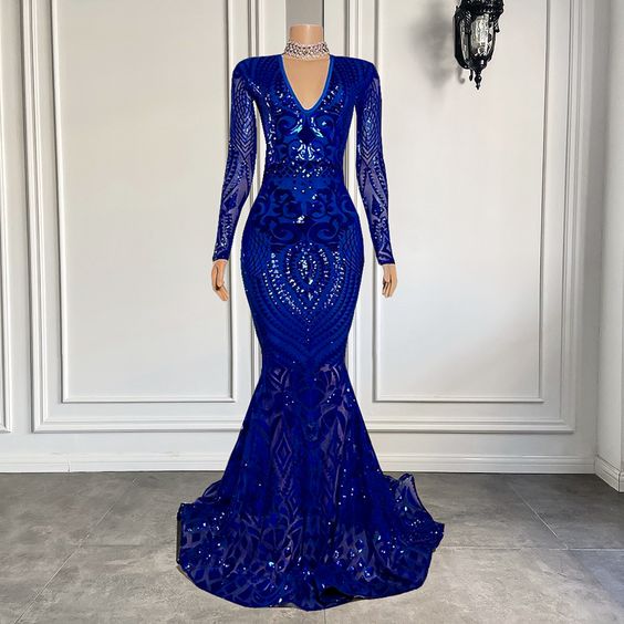 Royal Blue Prom Dresses, Lace Prom Dresses, Mermaid Prom Dresses, Long Sleeve Prom Dresses fg786