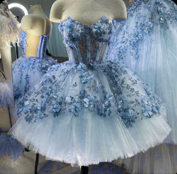 Blue Tulle Short Homecoming Dress With 3D Flowers fg885
