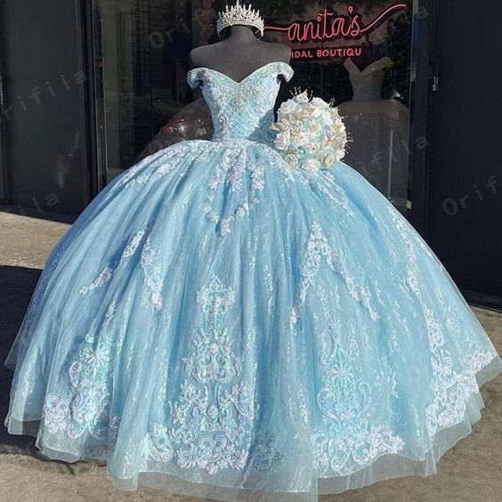 Quinceanera Dresses Lace Applique Beaded Bling Organza Off Shoulder Sweet 16 Dress Ball Gown Prom Dress fg887