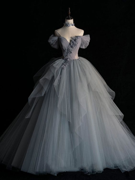 Gray sweetheart neck tulle long prom dress, gray evening dress fg934