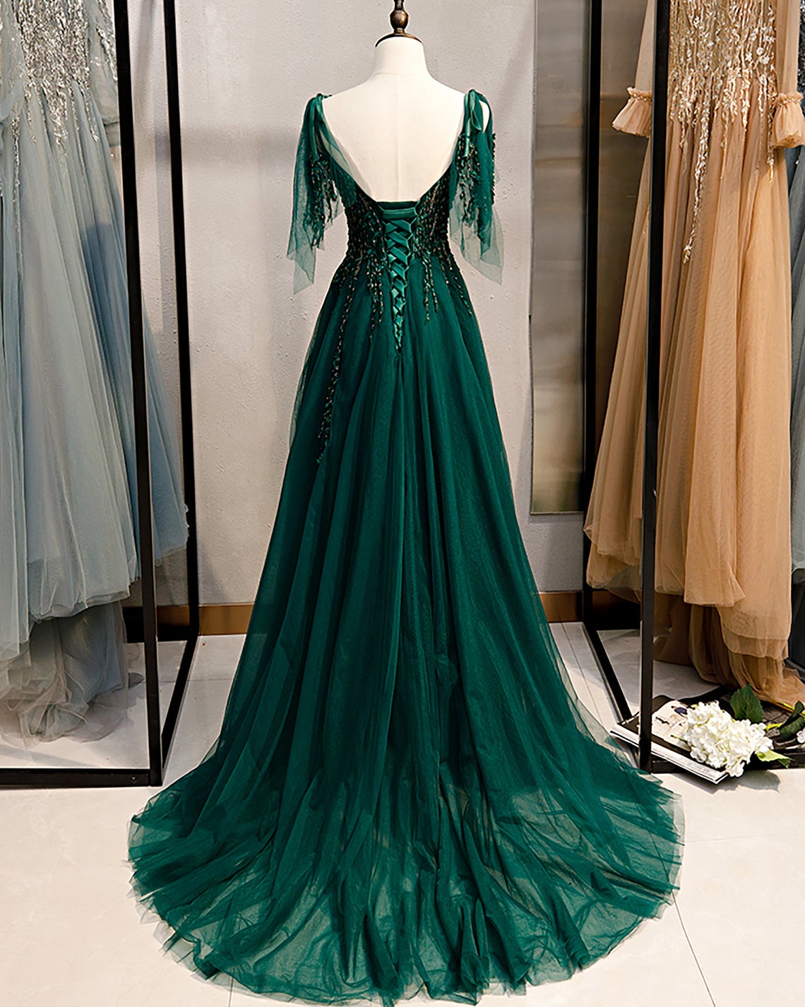 Emerald Green Spaghetti Straps Prom Dress Shinny Prom Dress fg950