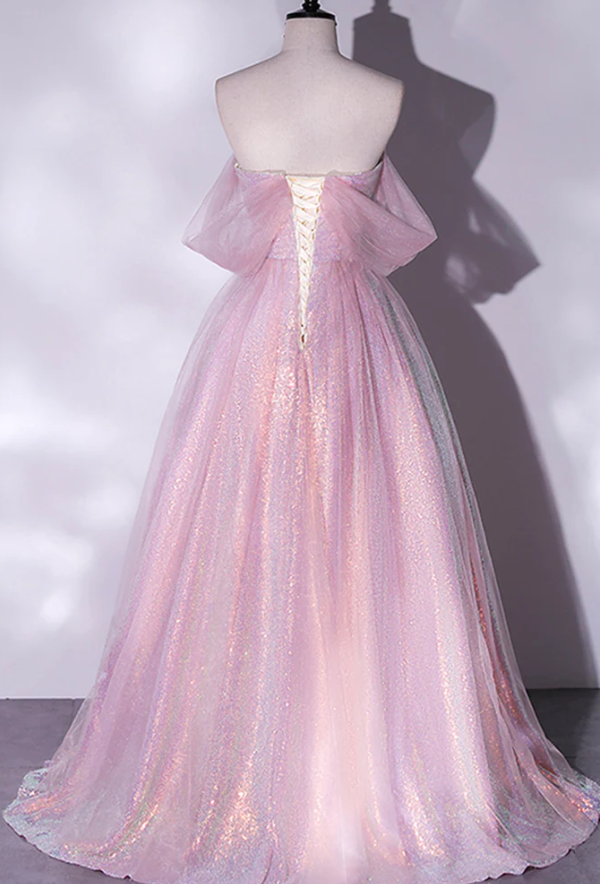 Shiny tulle sequins long pink prom dress A-line evening dress fg964