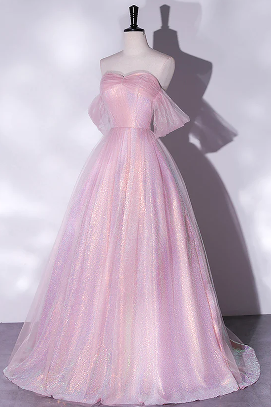 Shiny tulle sequins long pink prom dress A-line evening dress fg964