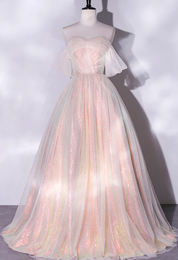 Shiny tulle sequins long prom dress A-line evening dress fg965