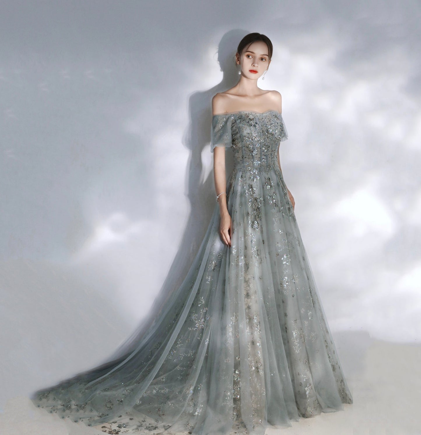 Gray tulle sequins long prom dress A line evening dress 10113