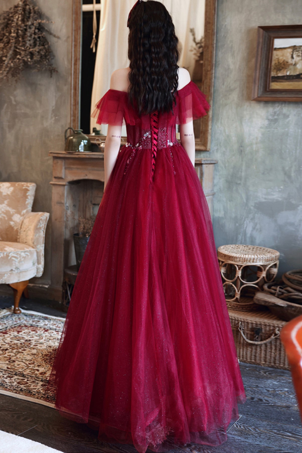 Burgundy tulle long A line prom dress evening dress 8687